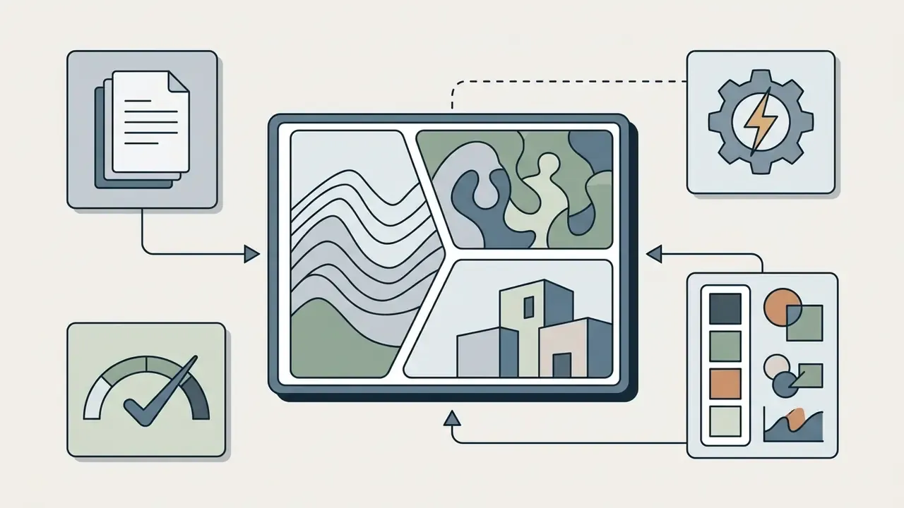 Split frame layout connected to icons for documents, gear processing, speed gauges, and color palettes