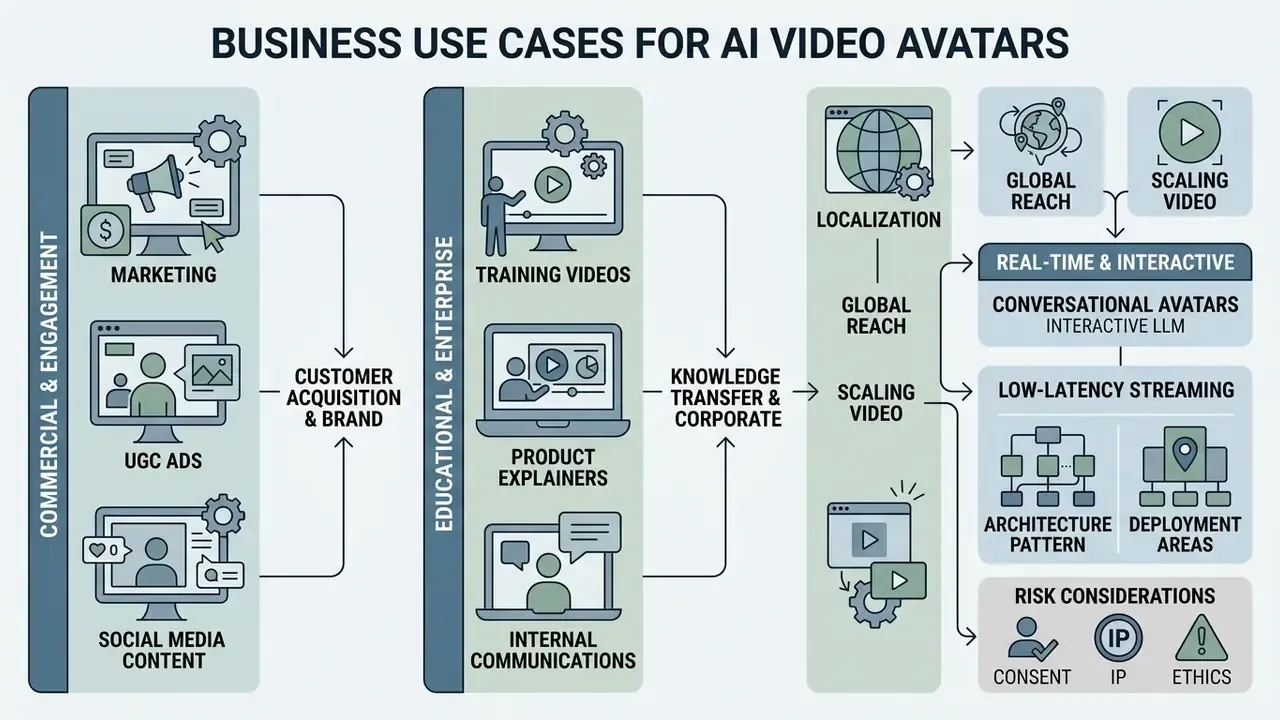 Infographic mapping commercial and educational applications for a free AI avatar video generator