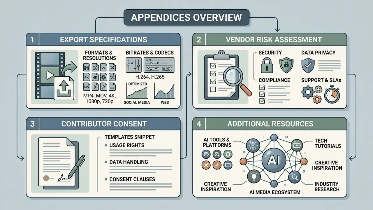 Summary of export specifications, vendor risk assessment, contributor consent, and AI resource tools