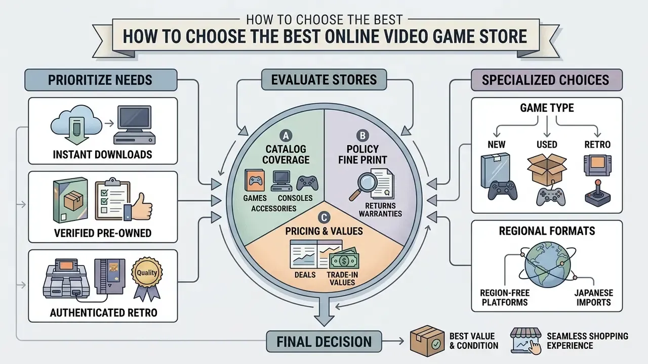 Infographic outlining steps to buy video game online by prioritizing needs and evaluating store policies