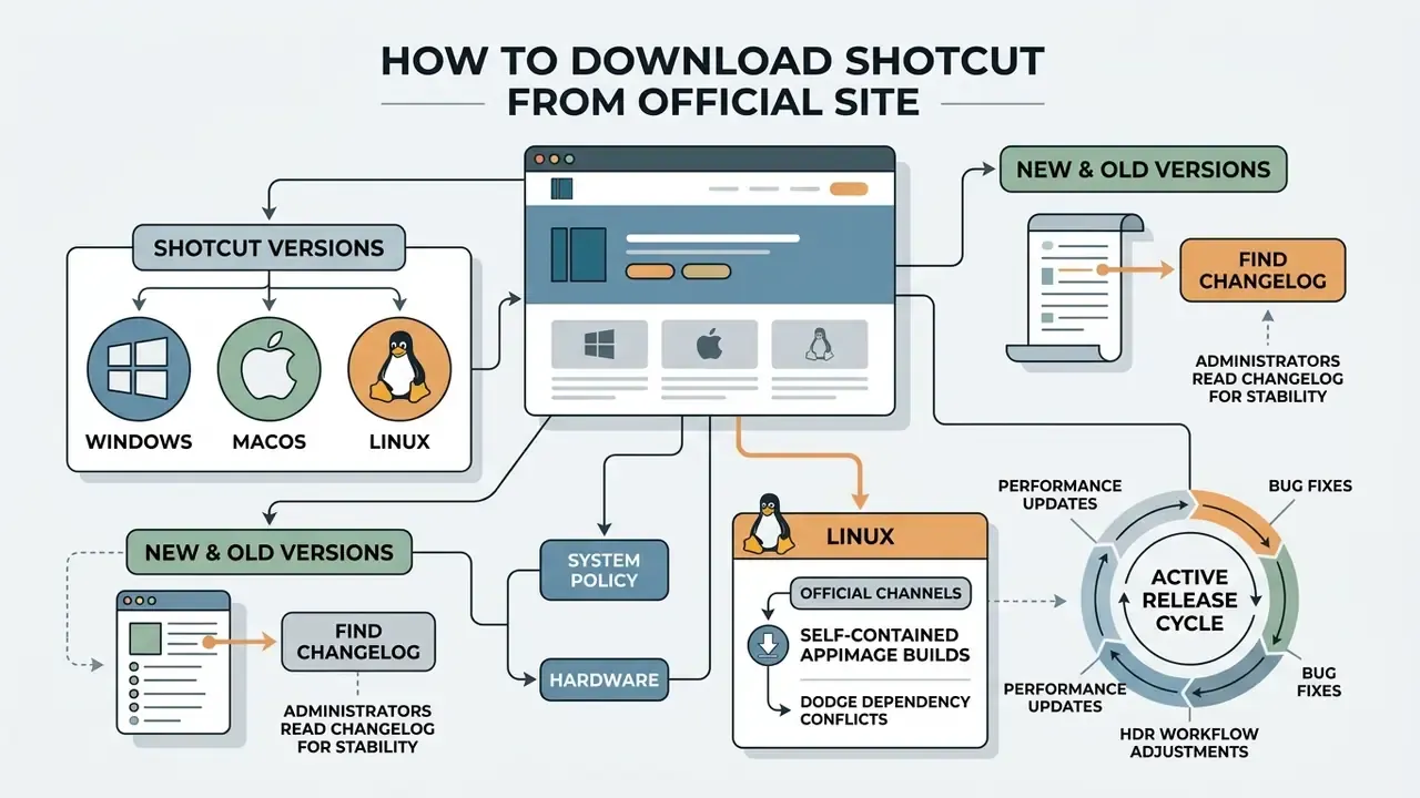Flowchart detailing the Shotcut download process for Windows, macOS, and Linux across official channels