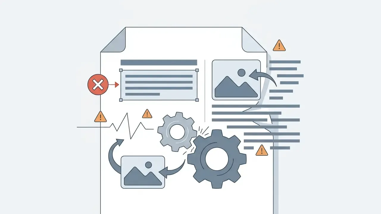 Document layout with gears and warning icons indicating text wrapping errors in Google Slides