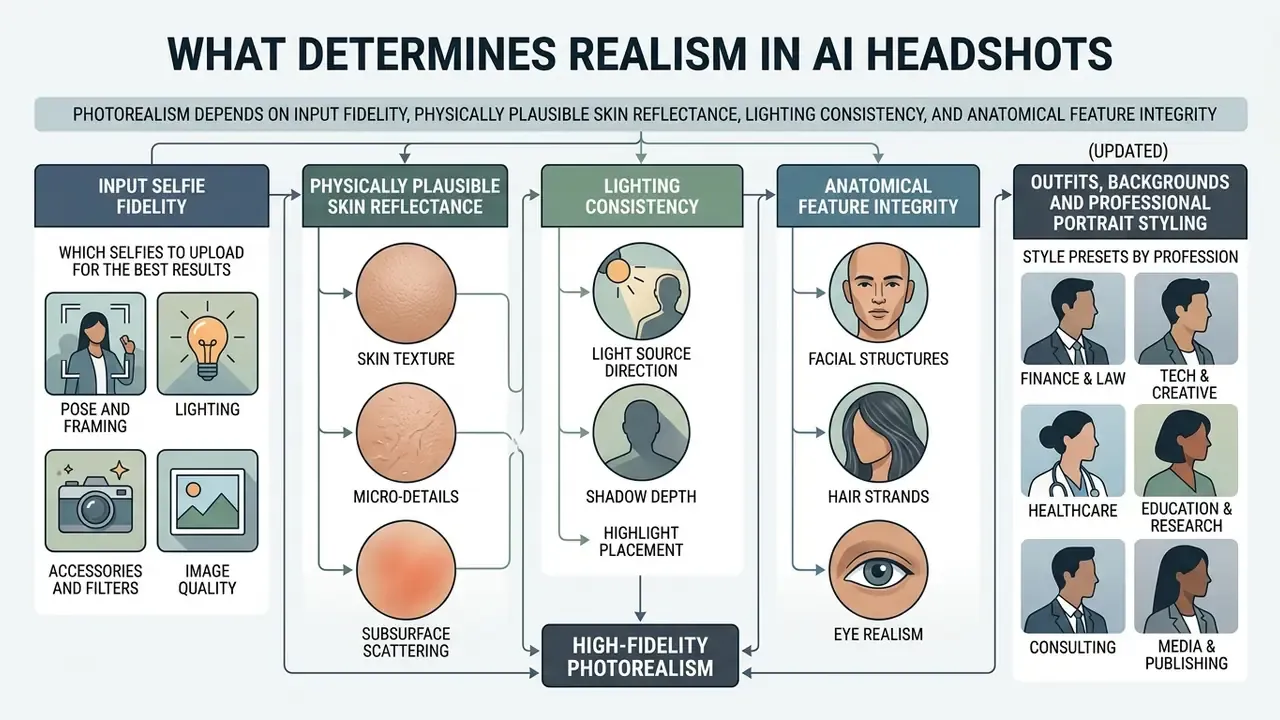 Diagram detailing technical factors like skin texture and lighting that impact realistic AI headshot quality