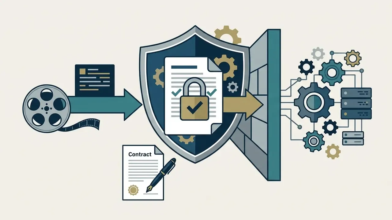 Shield protecting a document and contract from entering a complex system of gears and servers