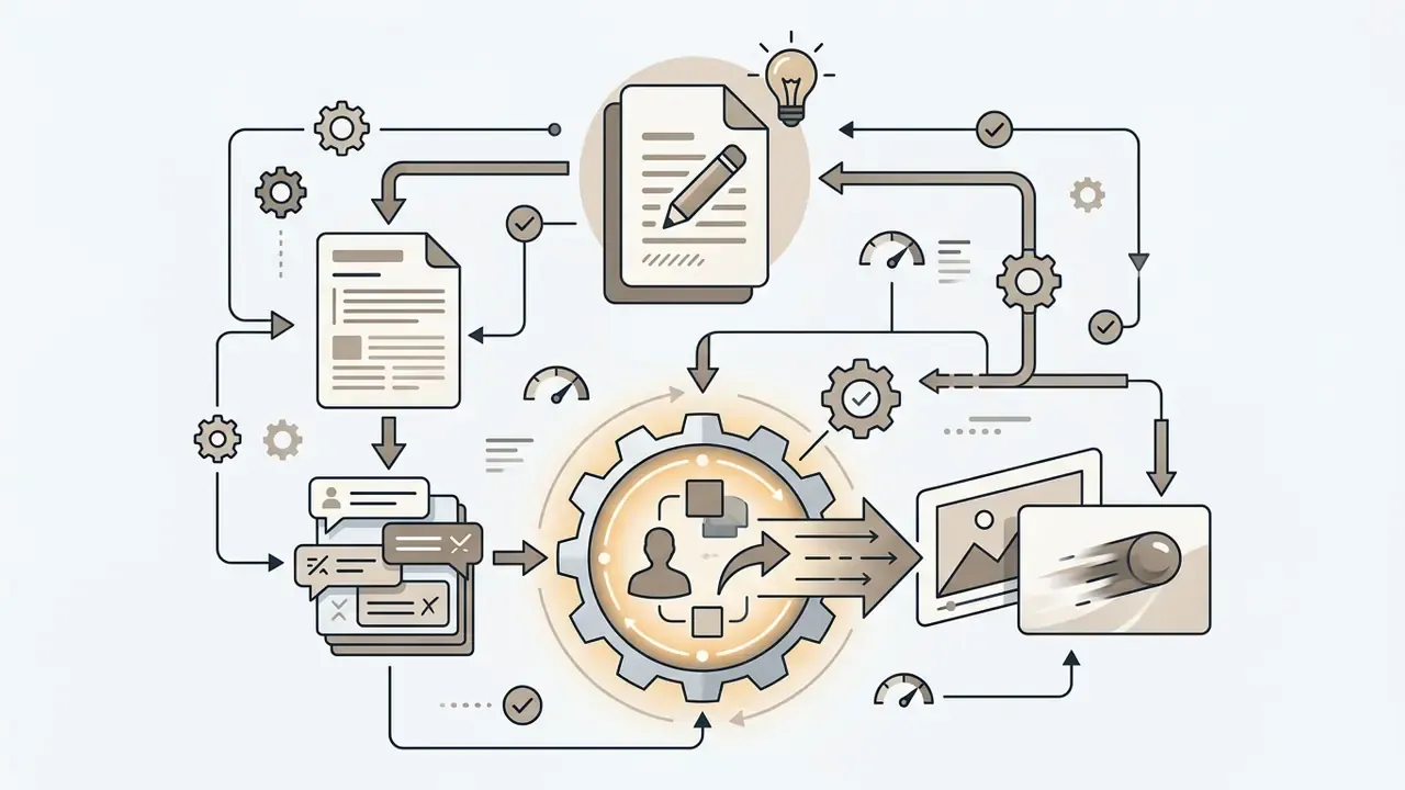 Documents and chat bubbles feeding into a central gear mechanism that outputs animated video frames