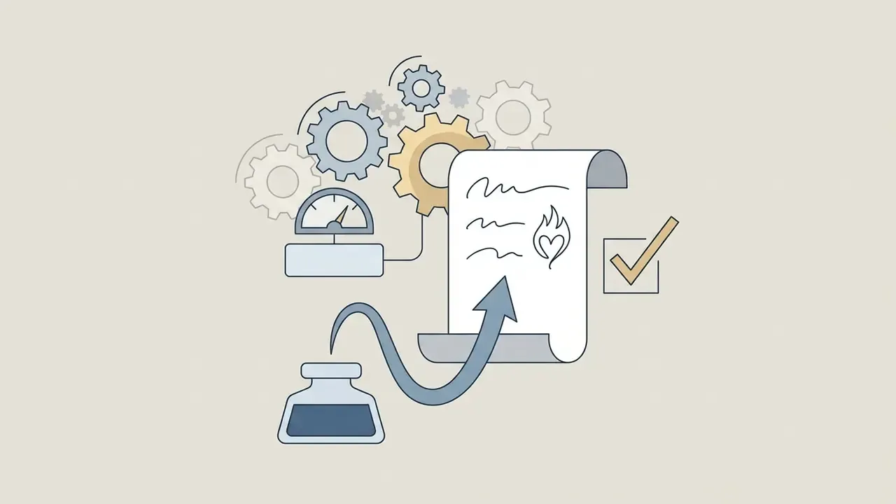 Inkwell and arrow feeding into a document with a heart icon and gears above a pressure gauge