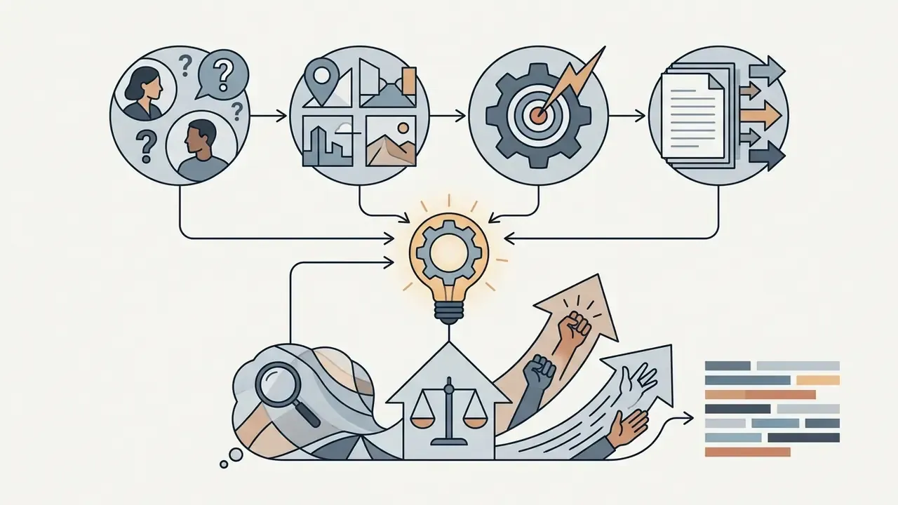 Icons representing characters, settings, objectives, and formats converging into a central lightbulb idea