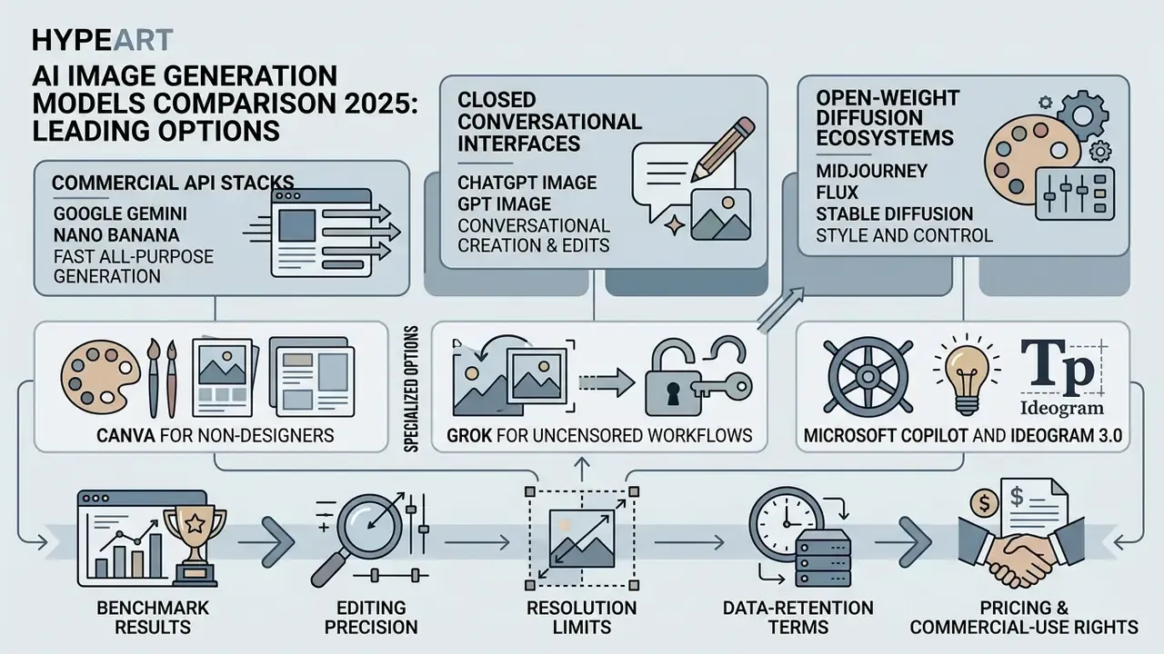 Categorized overview of AI image generation models 2025 showing commercial, open-weight, and specialized tools