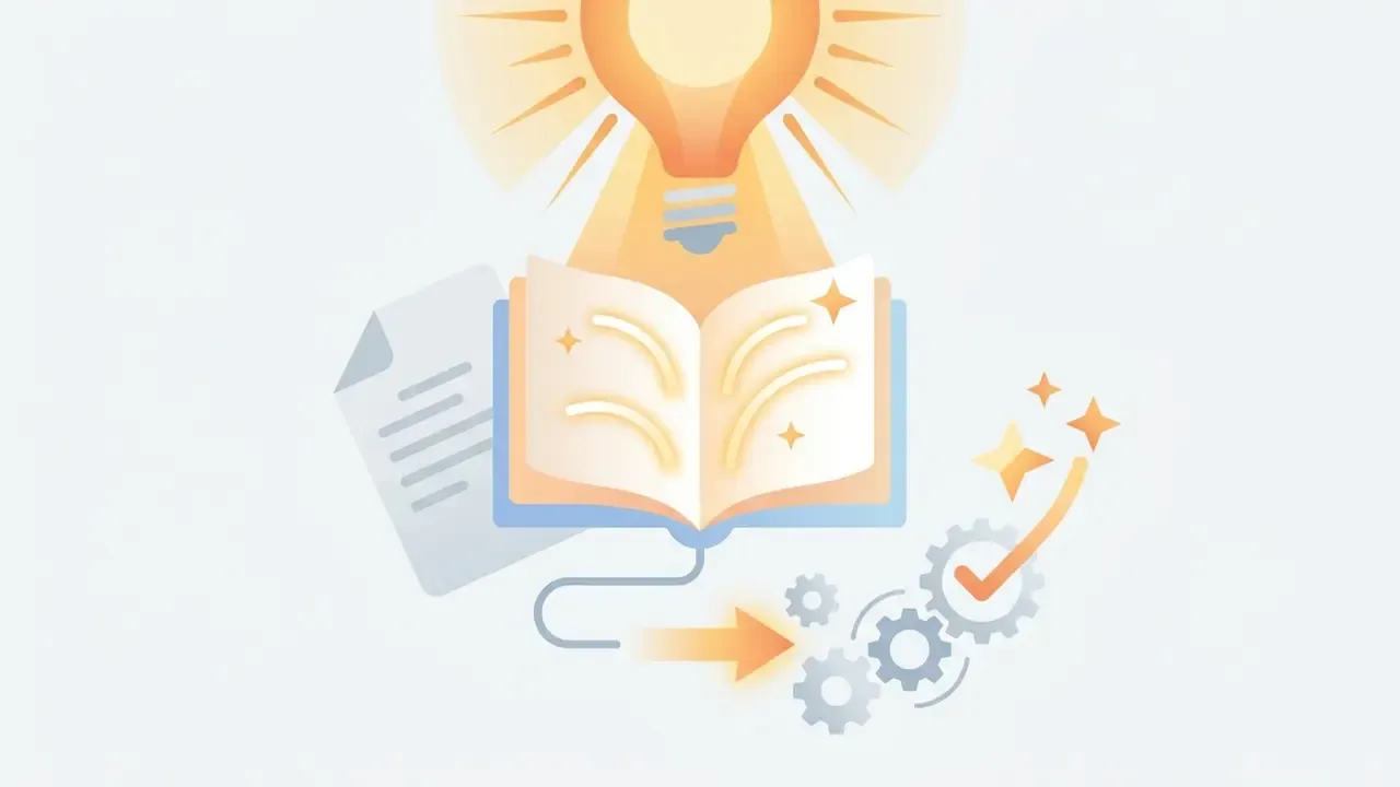 Glowing light bulb above an open book with sparkles and gears showing a refined creative process