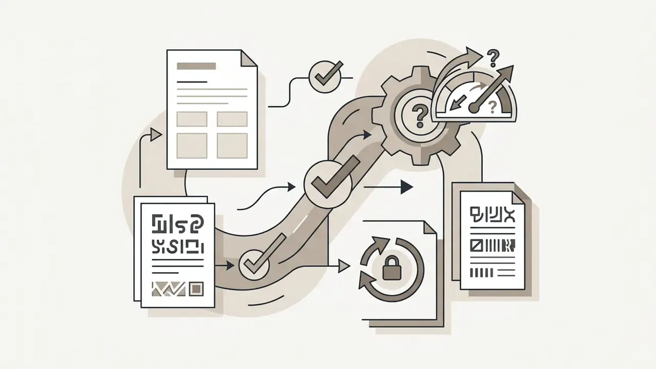 Documents flowing through a path of checkmarks into a gear and gauge mechanism with a security lock icon