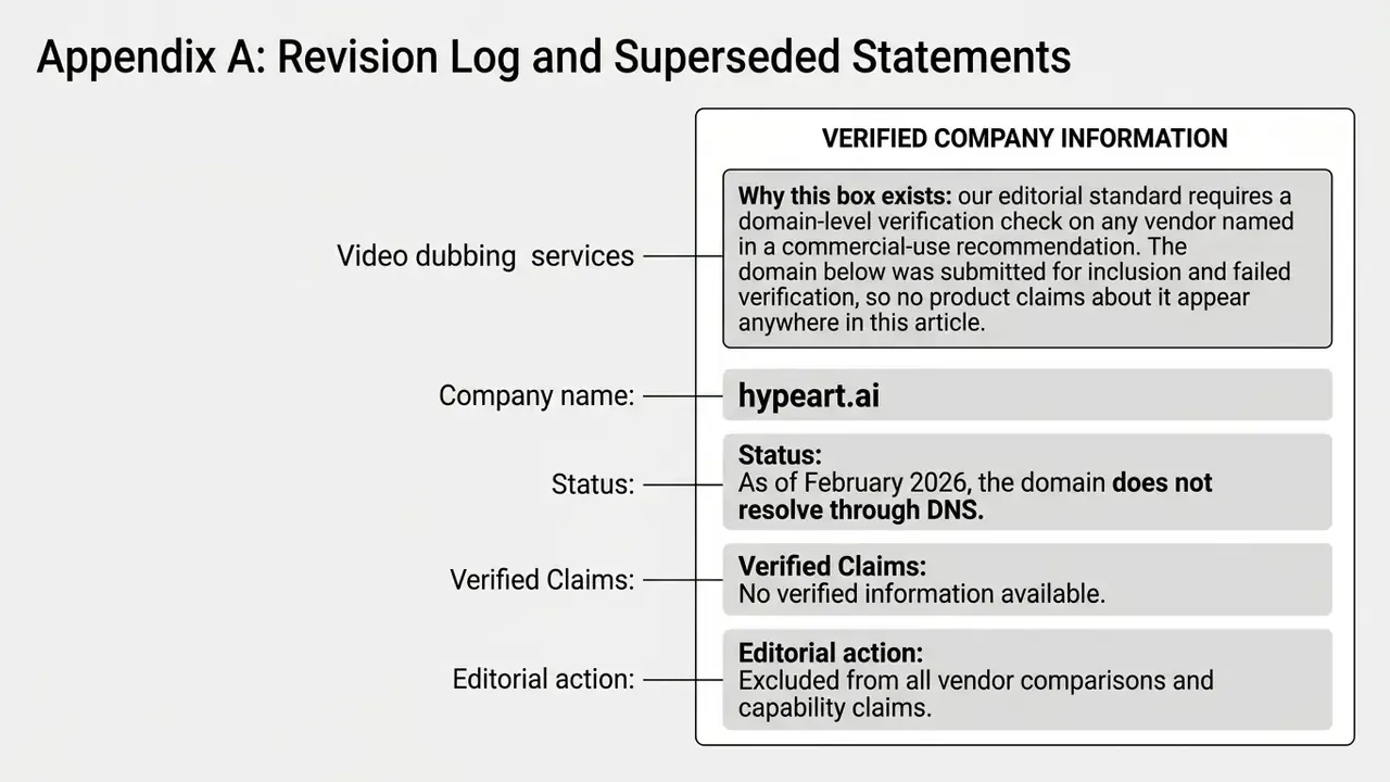 Box detailing verification status for a specific company domain that failed editorial review