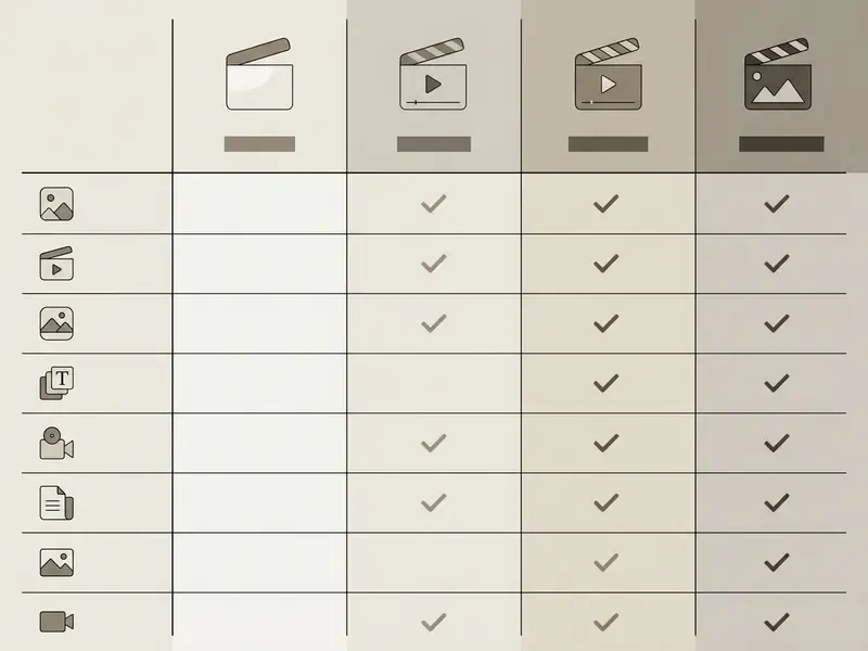 Comparison table displaying checkmarks for various video and media editing features across four tiers