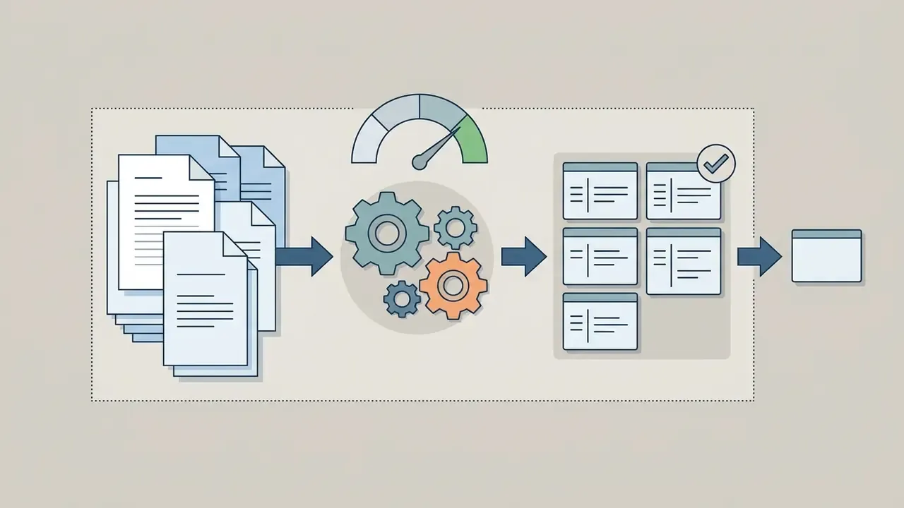 Documents moving through a processing engine to create a structured outline and final presentation slide