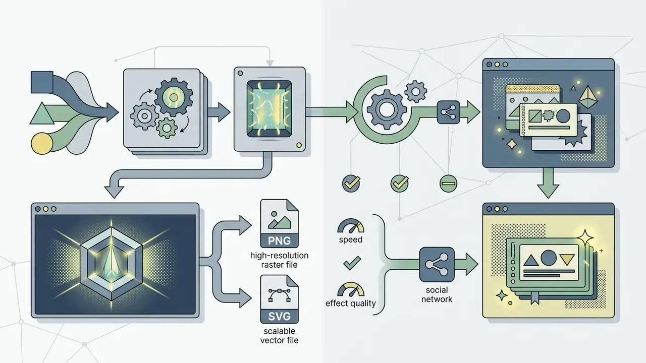 Geometric shapes feeding into a processing engine to output PNG and SVG files for social media templates