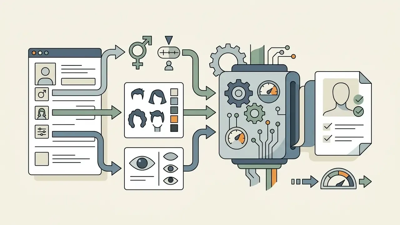 User interface panel feeding character traits into a processing engine to generate a profile document