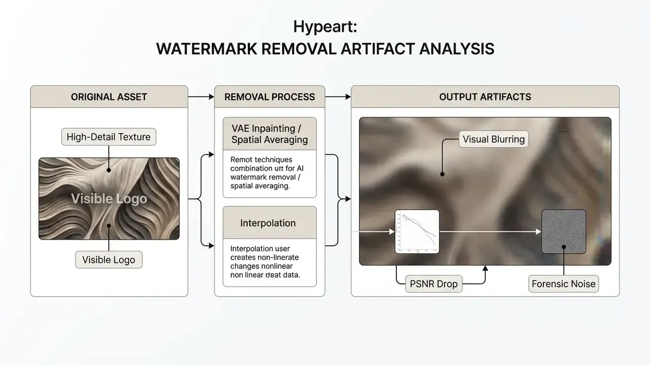 Diagram showing how watermark removal processes like inpainting and interpolation create visual artifacts