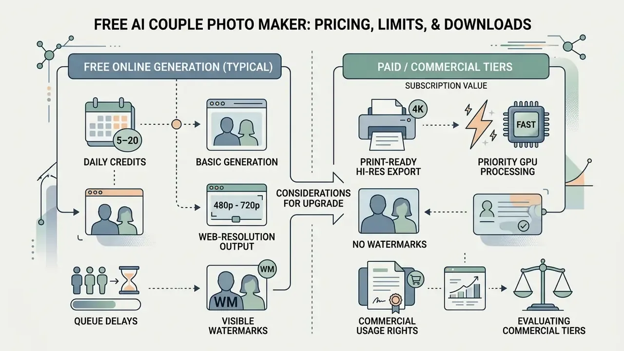 Comparison chart contrasting free generation limitations with paid tier features and commercial benefits
