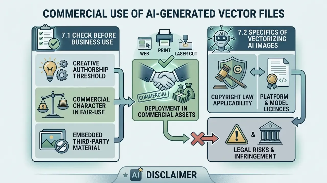 Infographic outlining legal considerations and risks for commercial use of AI-generated vector files