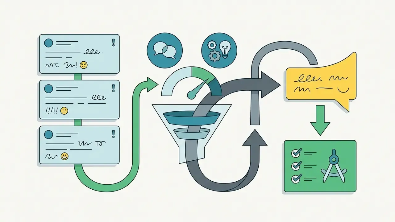 Social media comments feeding into a funnel with a speed gauge and gears leading to a final design checklist