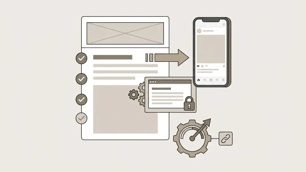 Form with checkmarks connecting to a smartphone, a secure browser window, and a gear with a link icon