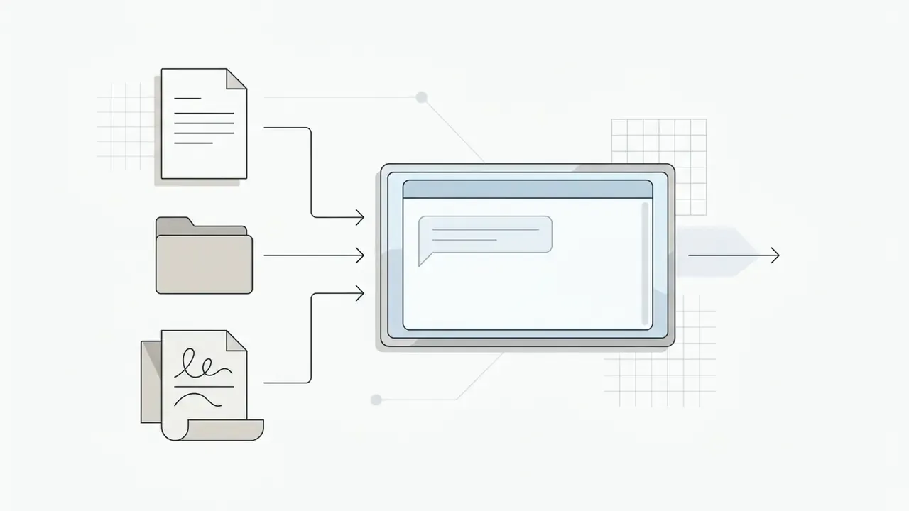 Document, folder, and script icons feeding data into a central chat interface window
