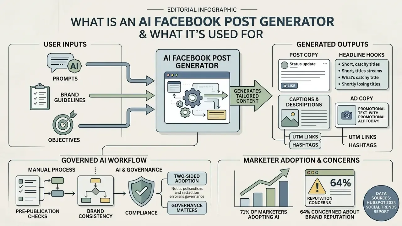 Infographic showing how an AI Facebook post generator processes user inputs into tailored social content