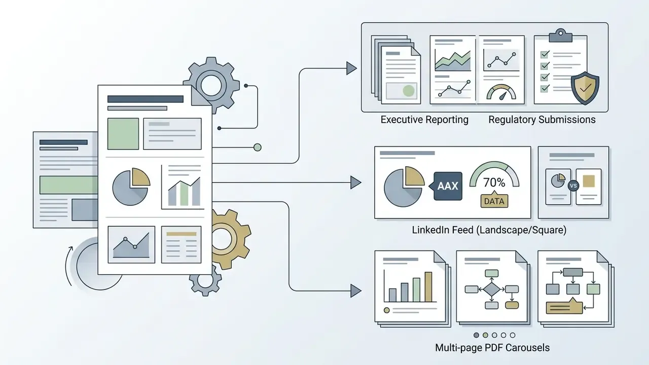 Infographic template processed by gears into executive reports, social media posts, and PDF carousels
