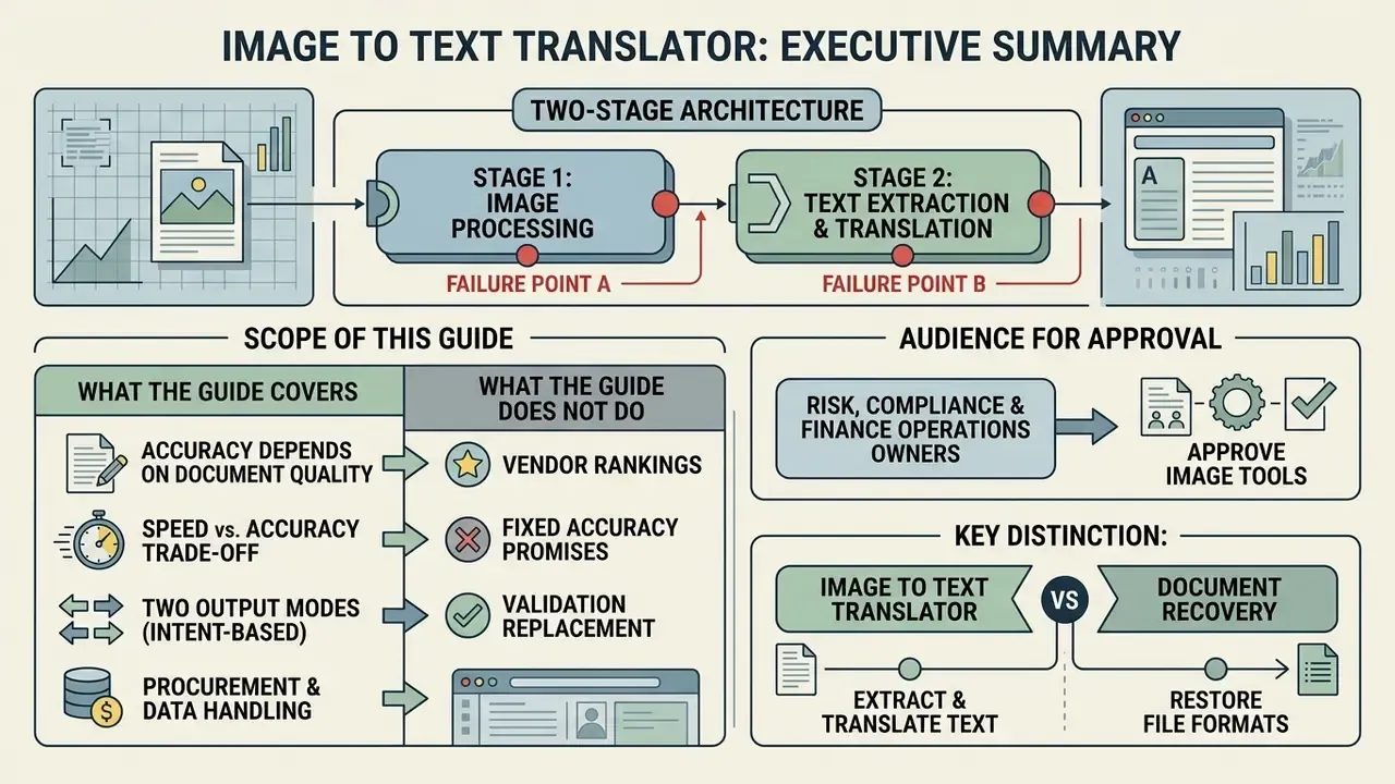 Flowchart showing a two-stage image to text translator architecture with key operational considerations
