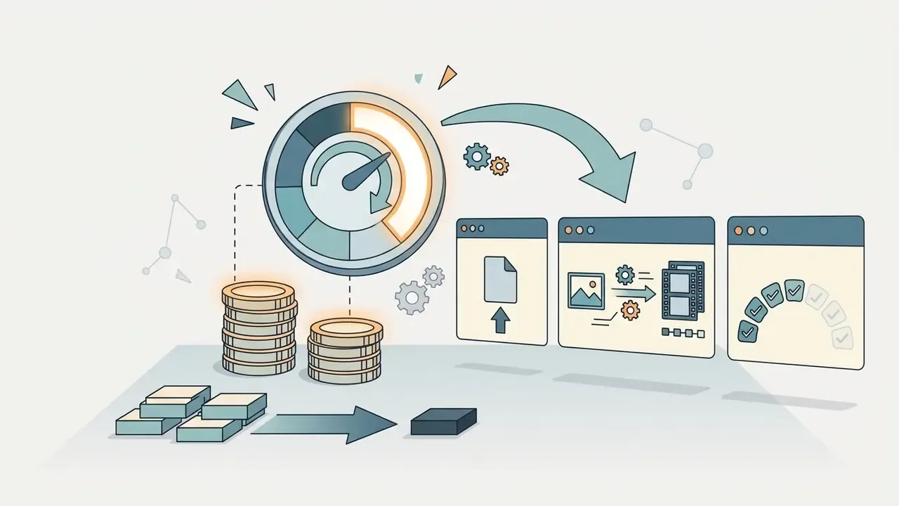 Gauge measuring credit usage alongside stacks of coins and windows showing file uploads and processing