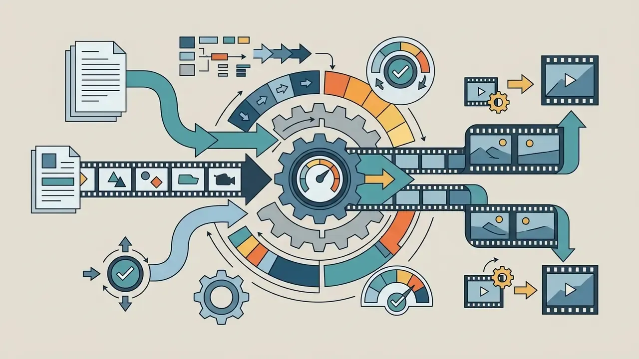 Documents and film strips feed into a central gear system that processes frames into video outputs