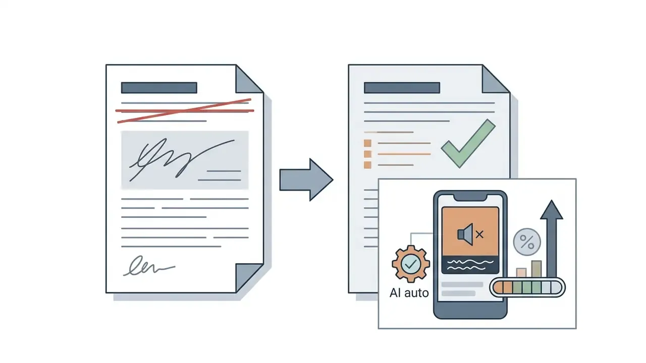 Document with a crossed-out signature transitioning to a verified report showing mobile engagement metrics