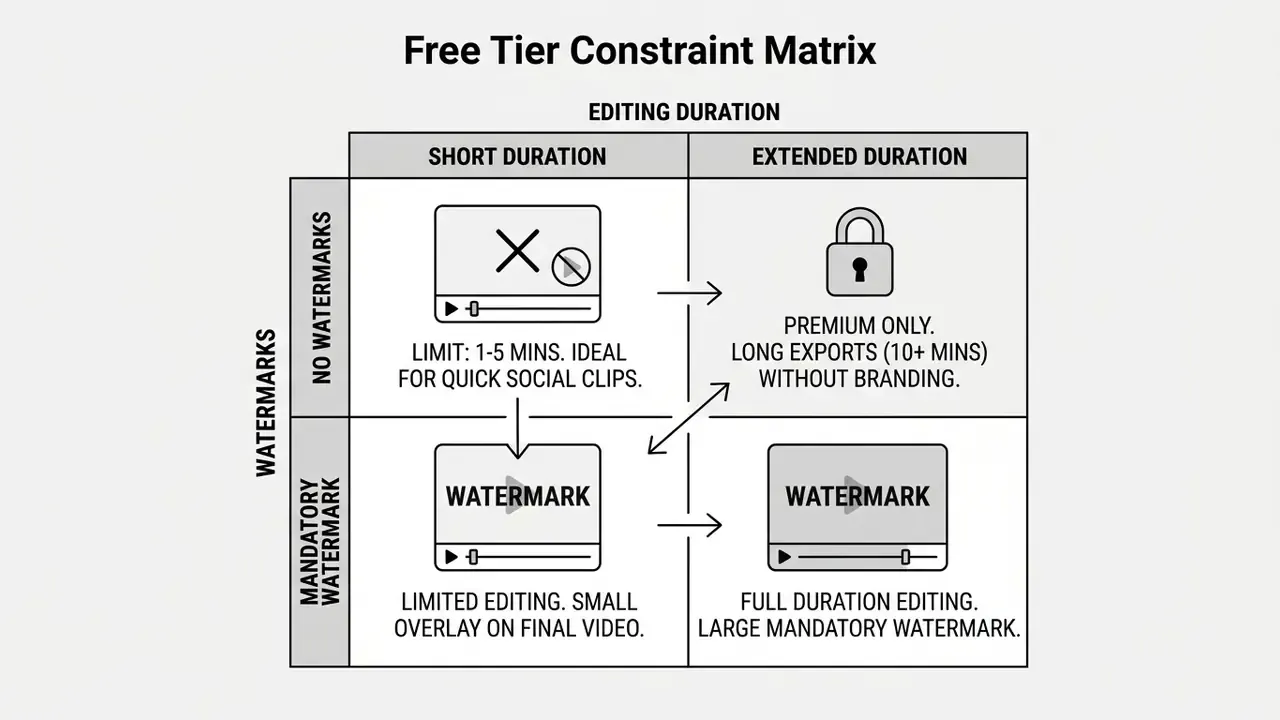 Grid chart comparing video editor duration limits against the presence of mandatory watermarks