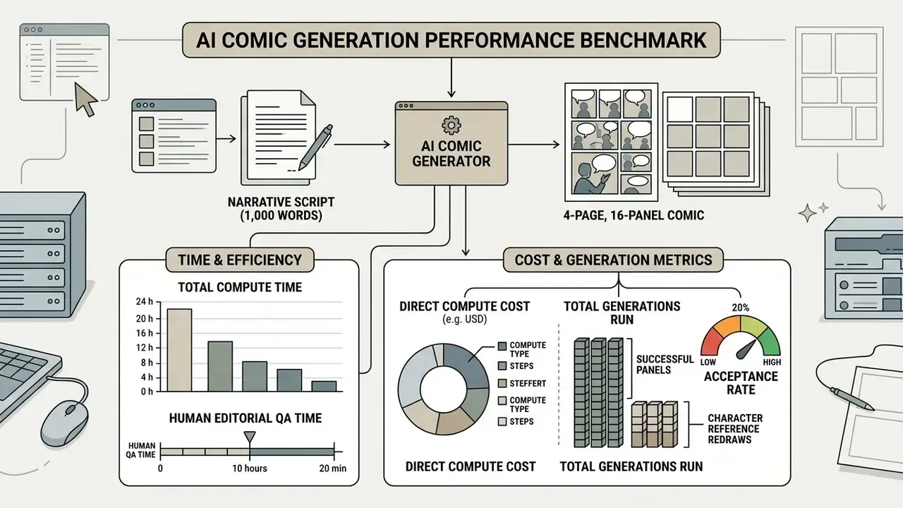 Infographic showing production time, compute costs, and quality metrics for a multi-page comic project