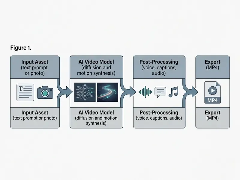 Horizontal flowchart showing the steps to convert text or photo inputs into an MP4 video file