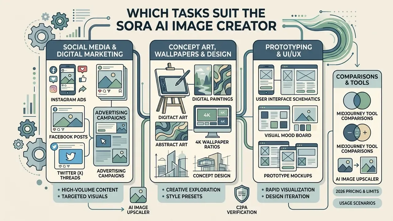 Summary of Sora AI image creator tasks including marketing, concept art, design, and UI prototyping