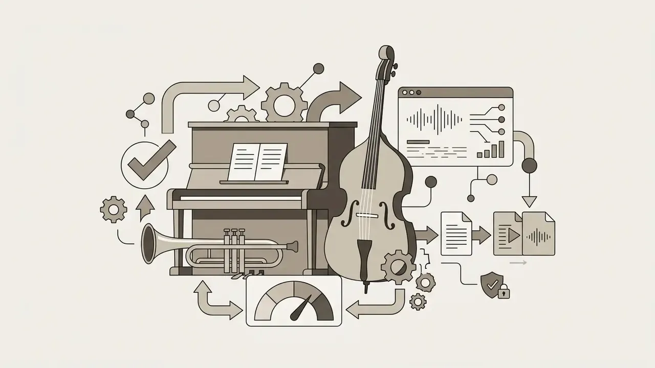 Piano, upright bass, and trumpet icons feeding into a gear system to generate audio files and waveforms