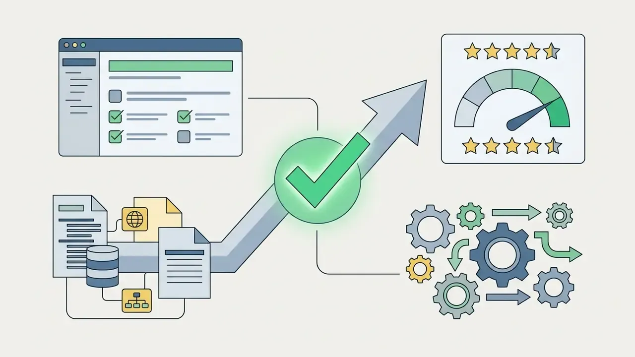 Data files and software interfaces feed into a gear system that outputs a satisfaction gauge and arrow