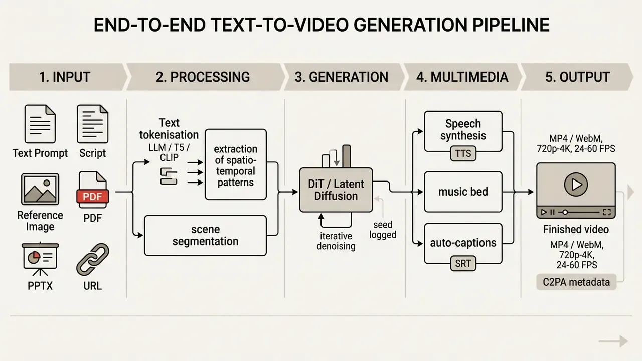Flowchart detailing the five stages of converting various digital inputs into a finished video file