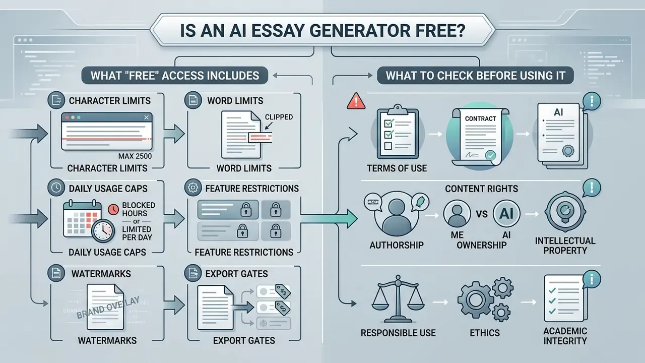 Split infographic detailing limitations of free writing tools and key considerations for user compliance