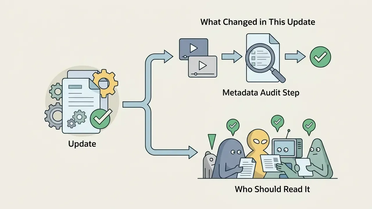 Visual path showing a software update leading to a metadata audit step and a group of informed users