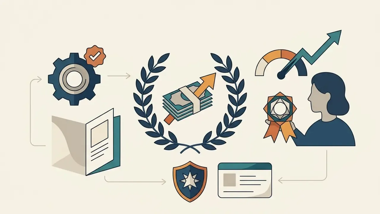 Gear and document icons connecting to a laurel wreath surrounding money and a person holding an award
