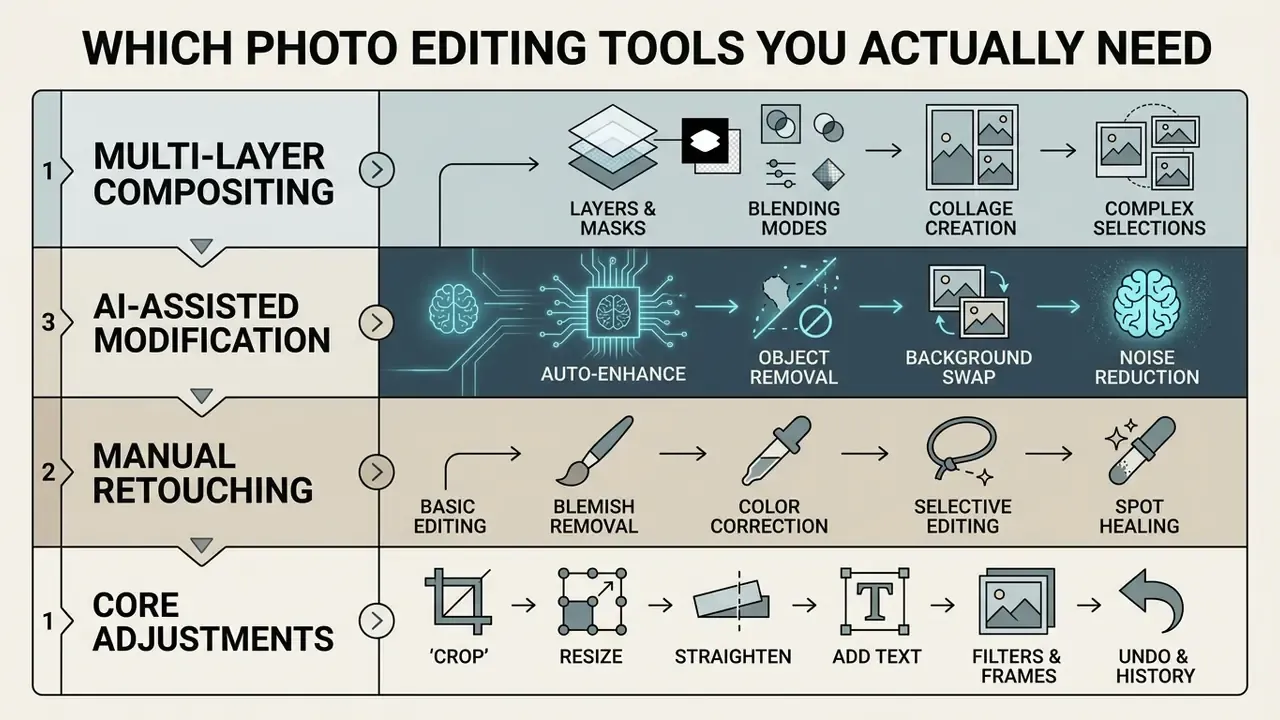 Infographic showing four tiers of photo editing tools from core adjustments to multi-layer compositing
