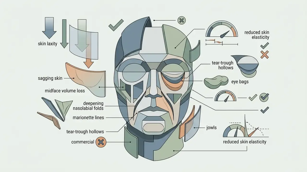 Geometric head model highlighting facial aging markers like volume loss, sagging skin, and jowls