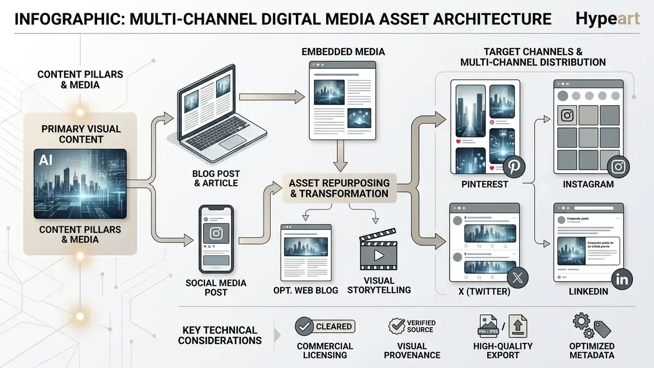 Flowchart showing the transformation and distribution of digital assets across various social platforms
