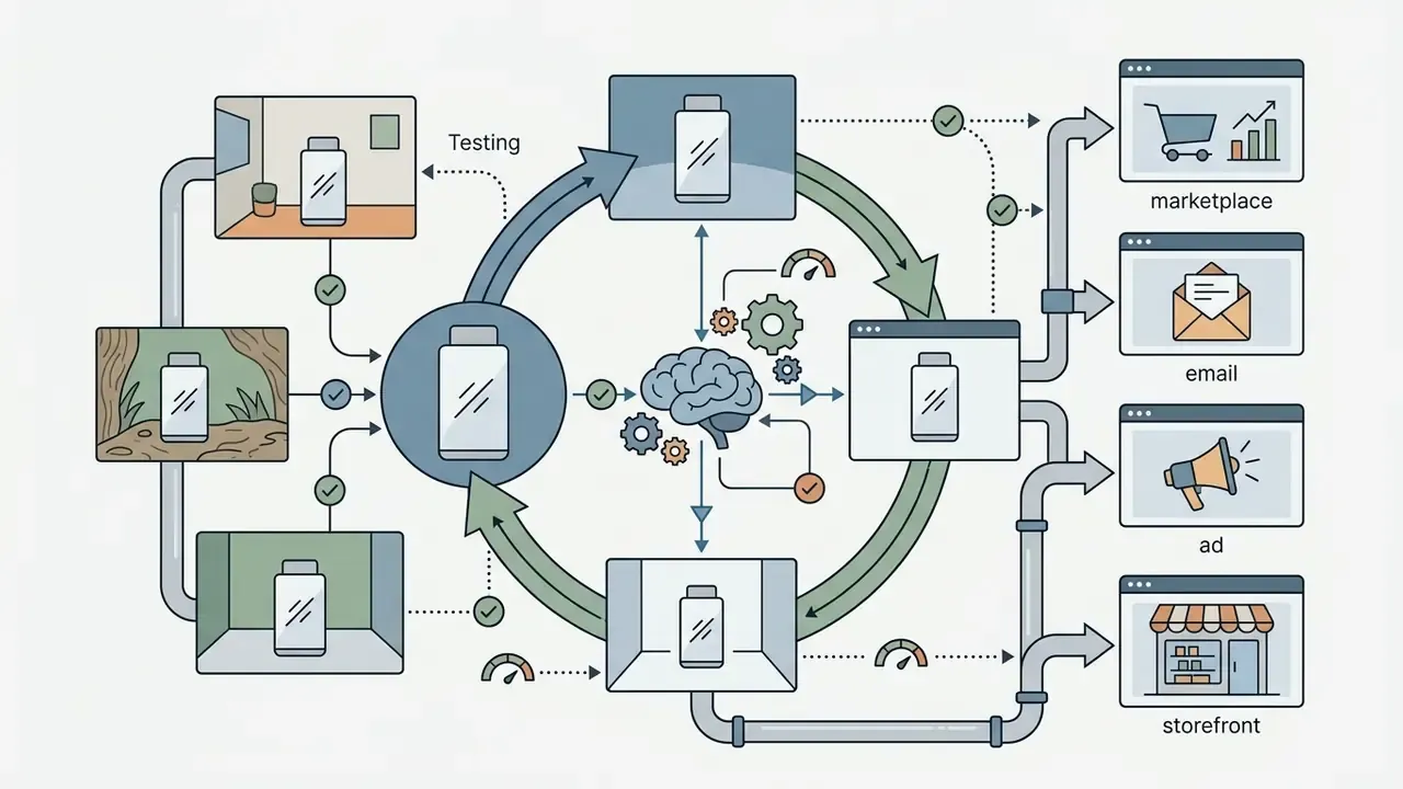 Circular workflow showing a product photo being processed by AI for various digital marketing channels