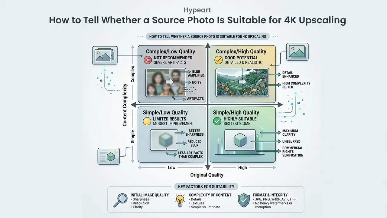 Matrix chart categorizing source image suitability for AI image enhancer 4k based on quality and complexity