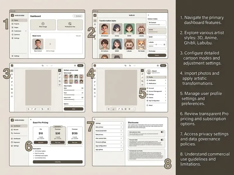 Numbered sequence of screenshots demonstrating the Voilà AI Artist app workflow and menu options