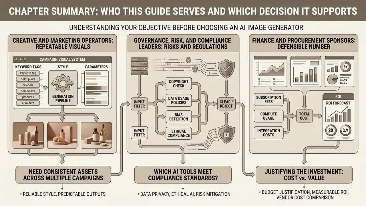 Three distinct workflow diagrams illustrating business objectives for using an AI image generator