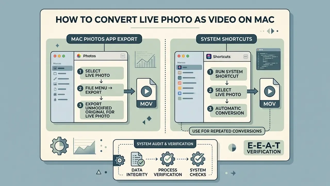 Split-screen infographic comparing manual Photos app export and automated Shortcuts for video conversion