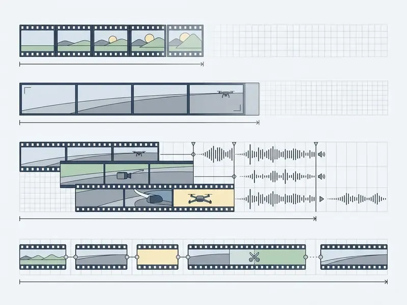 Four horizontal timelines showing varying clip durations, audio synchronization, and editing sequences